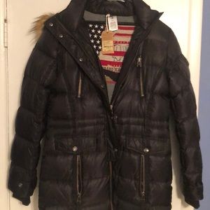 True Religion Down Coat W/Faux Fur Size L